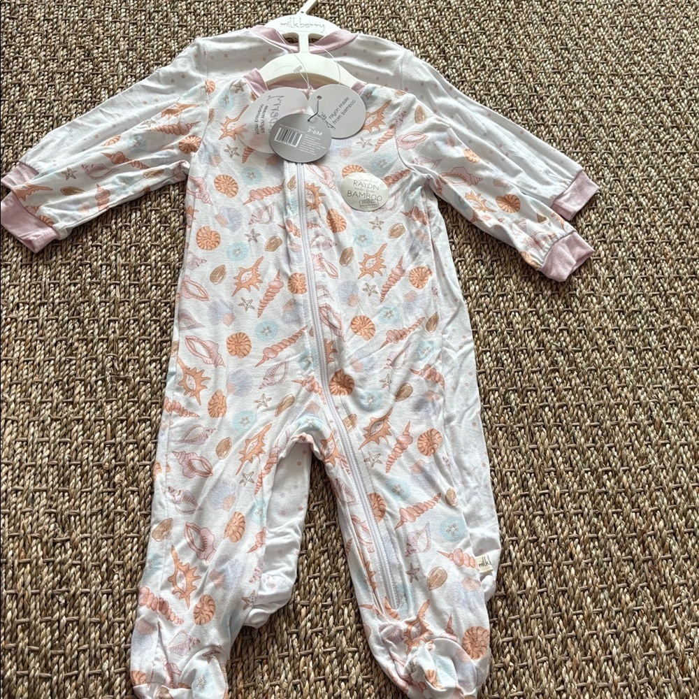 Milkberry Floral Baby Footie Seashells Beach Size 3-6 Months Set of 2